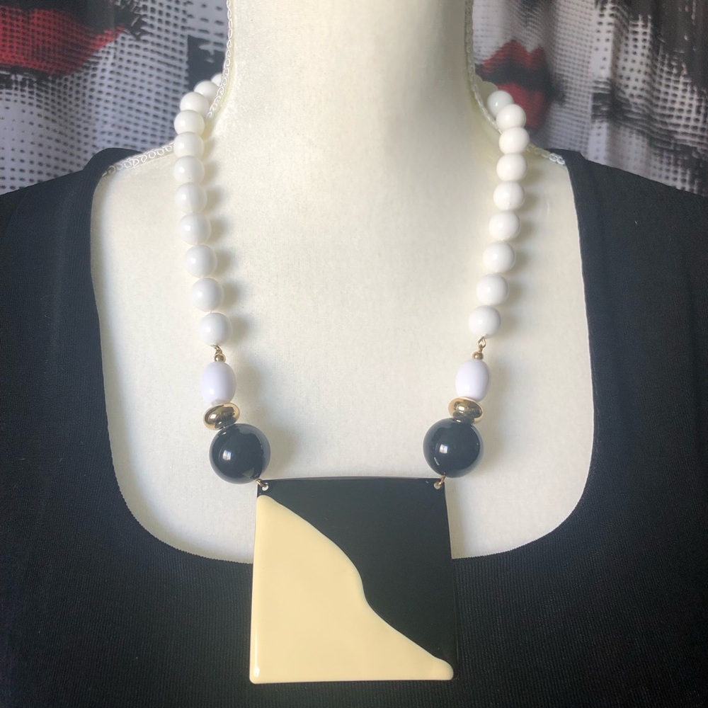 Black/White Statement Necklace with Square Enameled Pendant